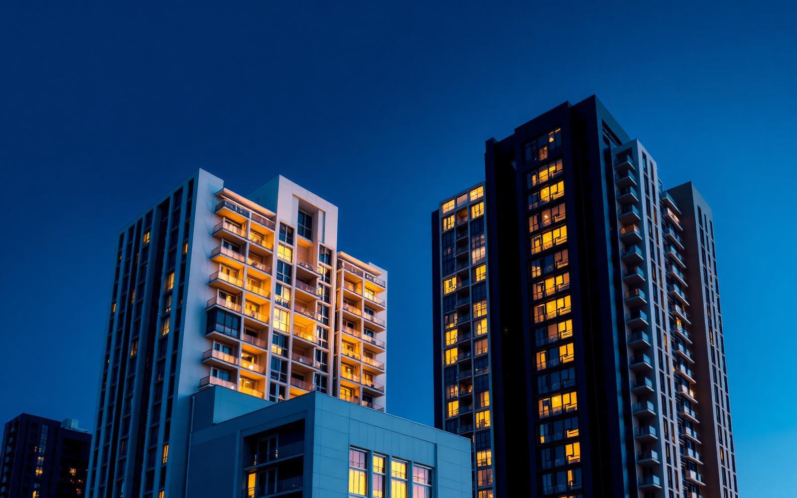 Immeubles résidentiels et commerciaux au crépuscule